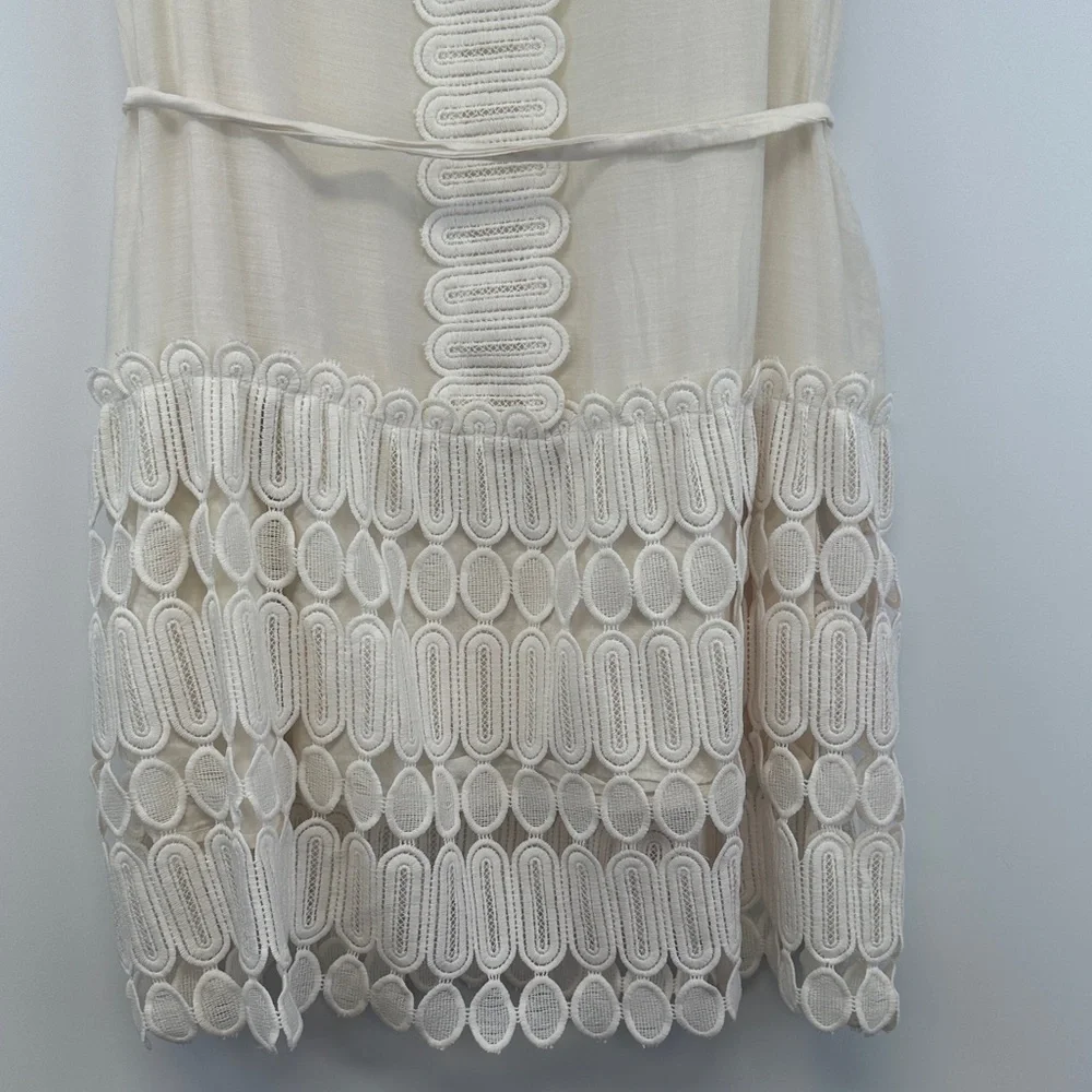 Gracia Cream Lace Panel Silk Blend Sleeveless Mini Dress Boho Romantic L